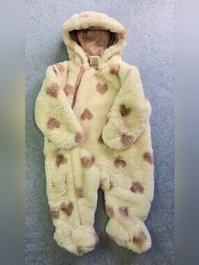First Wish Cozy Cream Heart-Patterned Kids Zip Front One Piece 3-6 Months